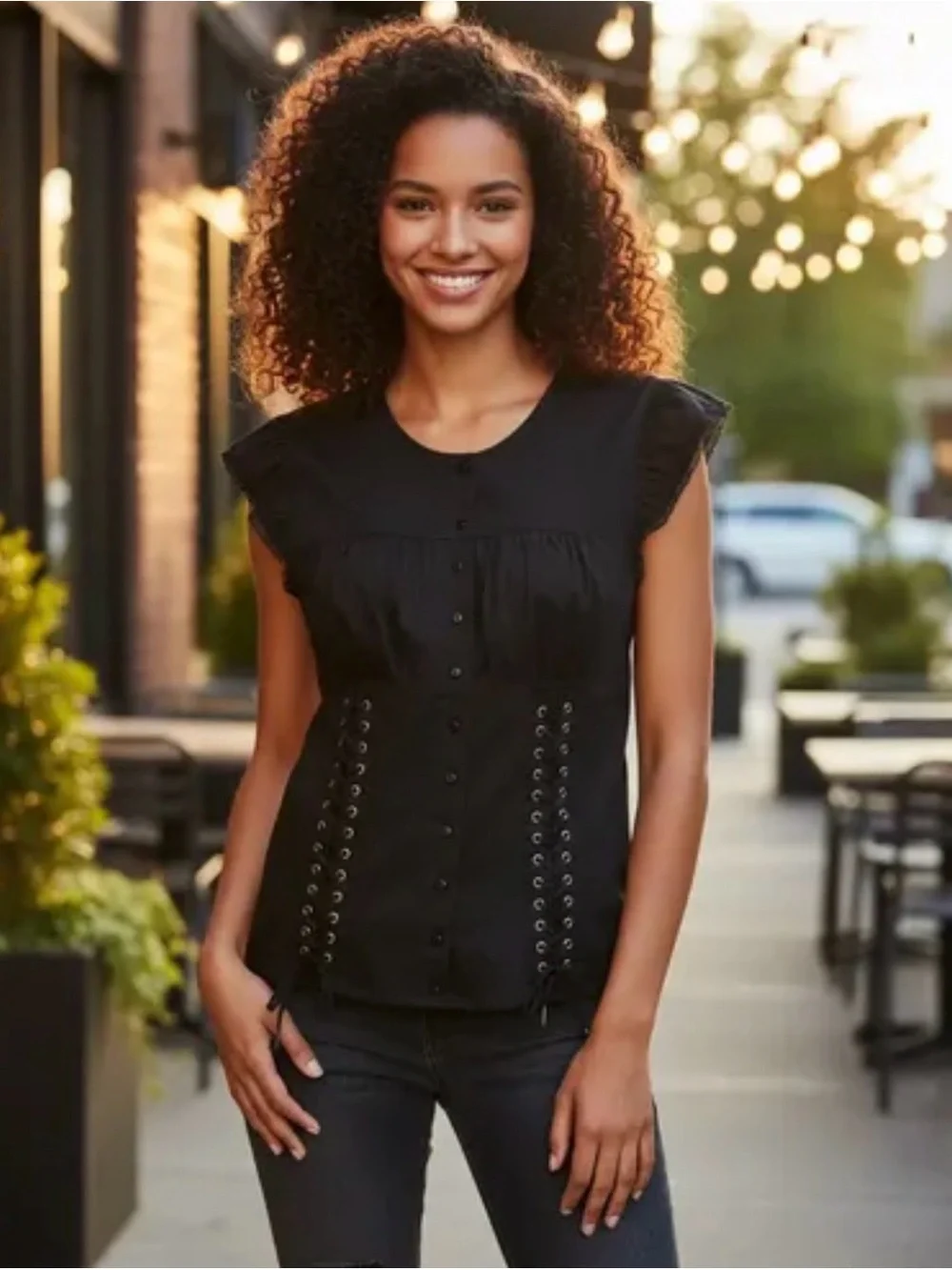 Moda International Black Lace-Trim Button Front Blouse with Corset Lacing Large - Picture 12 of 12
